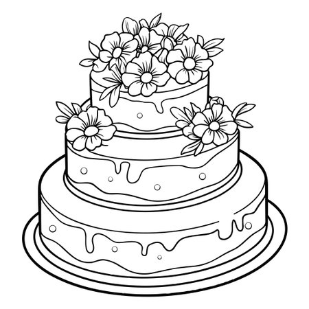 A beautiful line art illustration of a three-tiered cake adorned with flowers, perfect for coloring,...