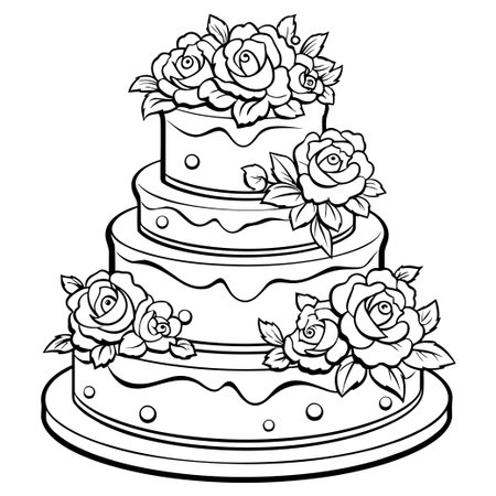 This stunning three-tier cake features intricate floral designs and decorative roses, perfect for weddings and celebrations. A delightful treat.のイラスト素材