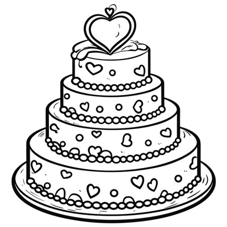 A charming illustration of a three-tiered wedding cake adorned with hearts and a sweet heart topper, perfect for romantic celebrations and events.のイラスト素材