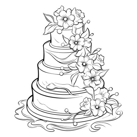 This detailed illustration features a three-tiered cake adorned with beautiful floral designs, perfect for illustrations or event themes.のイラスト素材