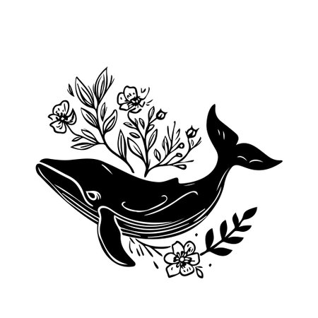 This artistic whale illustration features a sleek black and white design intertwined with delicate flowers and leaves, perfect for nature enthusiasts.のイラスト素材