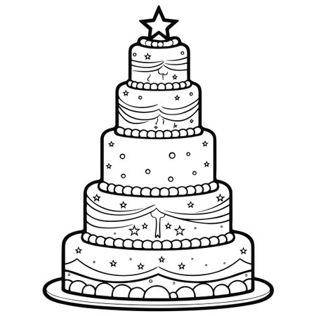 This black-and-white illustration features a decorative three-tiered wedding cake adorned with stars and beads, ideal for coloring activities.のイラスト素材