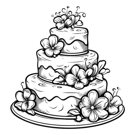 This illustration showcases an elegant three-tier cake adorned with floral decorations, perfect for...