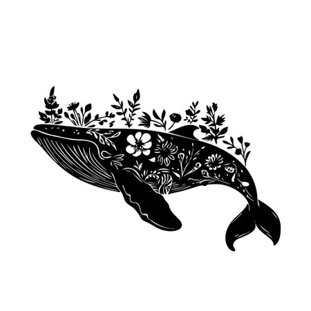 This artistic silhouette features a whale entwined with flowers and plants, showcasing the beauty of marine wildlife and nature's harmony.のイラスト素材
