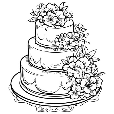 This intricate hand-drawn illustration showcases a three-tiered cake adorned with vibrant flowers, perfect for events, celebrations, or artistic projects.のイラスト素材