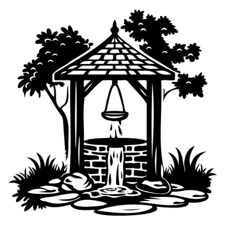 A charming black and white illustration of a serene well surrounded by trees and rocks, showcasing gentle water flow and a peaceful garden setting.のイラスト素材