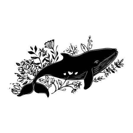 A captivating illustration featuring a whale entwined with delicate flowers. This black and white design beautifully merges marine life with nature, ideal for various creative uses.のイラスト素材