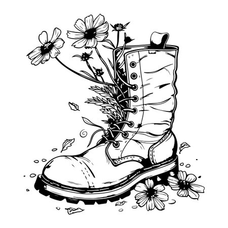 This black and white illustration features a vintage boot intertwined with wildflowers, symbolizing nature's resilience and beauty, ideal for nature lovers.のイラスト素材