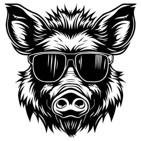 This bold illustration features a wild boar sporting stylish sunglasses in a striking black and white design. Perfect for creative projects!のイラスト素材