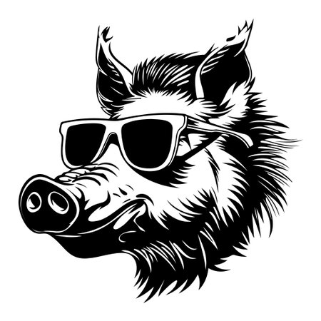 This bold and fun black and white illustration features a wild boar head wearing stylish sunglasses, perfect for eye-catching designs and creative projects.のイラスト素材