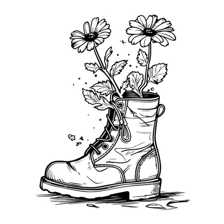 An artistic illustration of an old boot with vibrant flowers emerging from it, representing nature's beauty and resilience in unexpected places.のイラスト素材