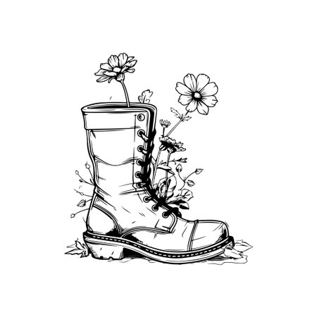 An artistic illustration featuring a vintage workboot entwined with delicate wildflowers, showcasing...