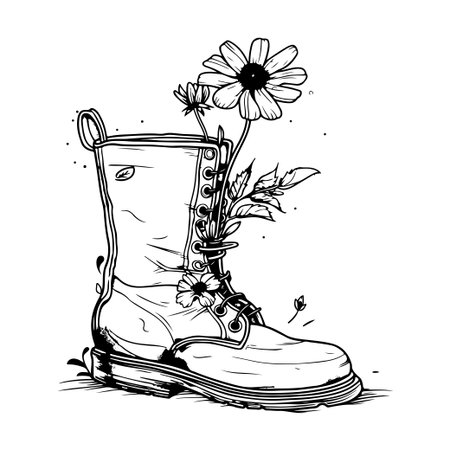 A stylish illustration of a leather boot intertwined with flowers, emphasizing the harmony of nature and urban life. Perfect for art enthusiasts.のイラスト素材