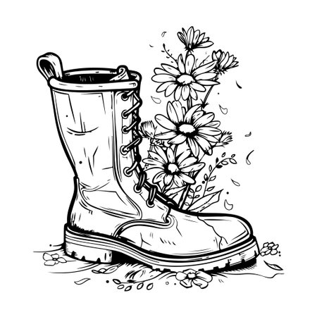 This detailed black and white illustration features a rugged boot surrounded by delicate wildflowers, perfect for nature-inspired projects and designs.のイラスト素材