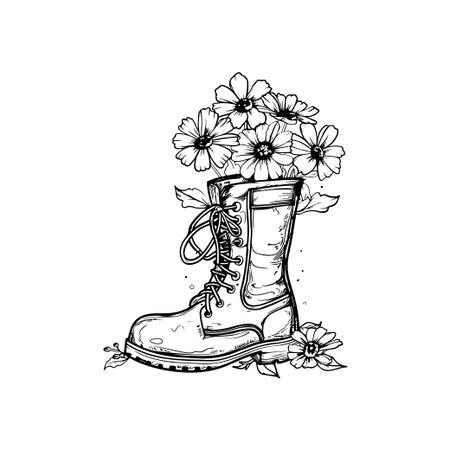 A hand-drawn illustration featuring a vintage boot overflowing with beautiful flowers, symbolizing growth and nature's beauty in an artistic style.のイラスト素材