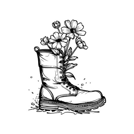 This artistic illustration features a vintage boot filled with flowers, symbolizing growth and nature's beauty while merging fashion with botany.のイラスト素材