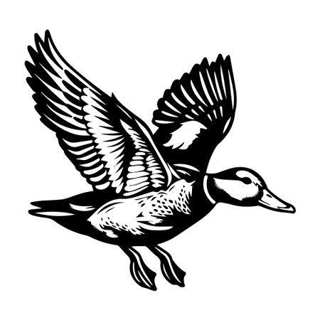 A striking black and white illustration of a duck in mid-flight, showcasing its elegant wings and dynamic pose, perfect for artistic projects.のイラスト素材