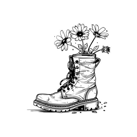 A striking monochrome illustration of a vintage boot filled with blooming flowers, symbolizing the fusion of fashion and nature in art.のイラスト素材