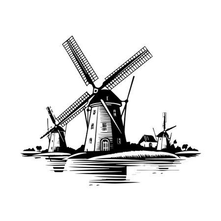 This black and white illustration features traditional windmills standing majestically by calm waters, creating a serene and captivating scene.のイラスト素材