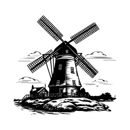 This black and white illustration features a traditional windmill on an island, surrounded by soft clouds and tranquil water, perfect for rural themes.のイラスト素材