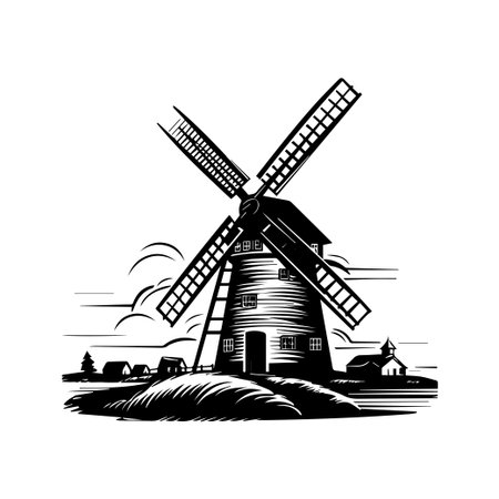 This vintage black and white illustration features a charming windmill set in a rustic landscape, evoking a serene countryside atmosphere.のイラスト素材