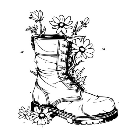 This line art illustration features a vintage boot adorned with wildflowers, symbolizing nature's resilience and beauty. Perfect for outdoor themes.のイラスト素材