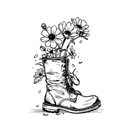 This artistic illustration features a vintage boot filled with vibrant flowers, symbolizing growth and harmony. A unique blend of nature and style.のイラスト素材