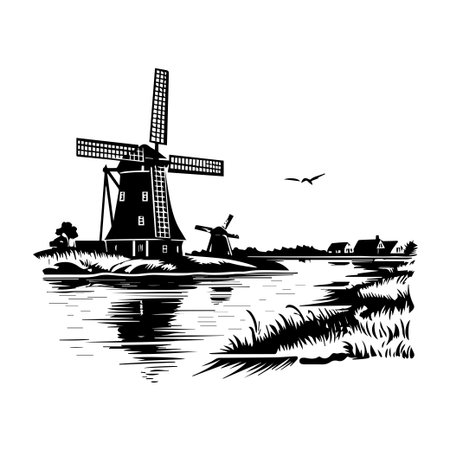 This vintage black and white illustration captures a serene landscape featuring a windmill, river, and a quaint house, showcasing tranquility.のイラスト素材