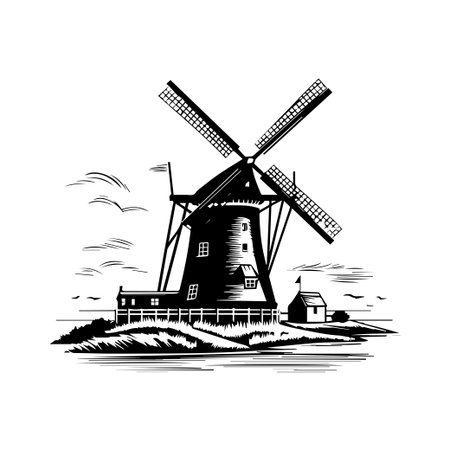 A stunning artistic rendering of a traditional windmill with spinning blades set against a serene countryside landscape in black and white.のイラスト素材