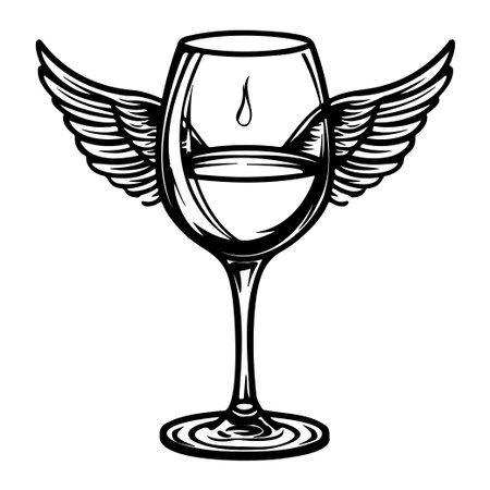 This enchanting illustration features a wine glass with elegant wings and a small droplet, symbolizing freedom and fluidity in art.のイラスト素材