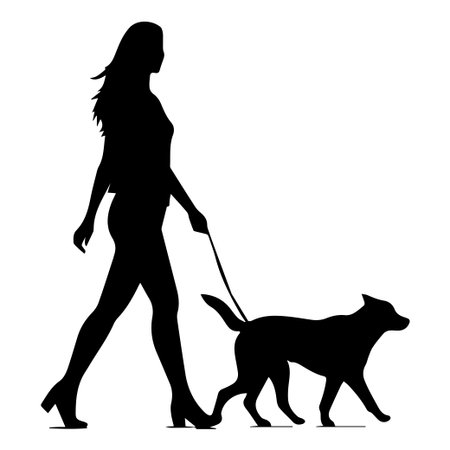 This striking silhouette features a woman walking her dog, embodying elegance and companionship in a minimalist setting. Perfect for pet lovers.のイラスト素材