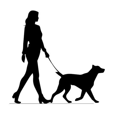 A beautiful silhouette of a woman walking her dog captures the essence of companionship, joy, and outdoor activity in a serene environment.のイラスト素材