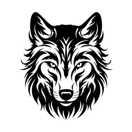 This stunning black and white illustration of a wolf head showcases intricate tribal patterns and bold lines, perfect for captivating designs.のイラスト素材