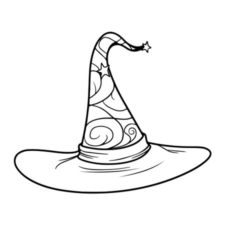 This black and white line art illustration features a magical witch hat adorned with swirling designs and stars, perfect for Halloween themes.のイラスト素材