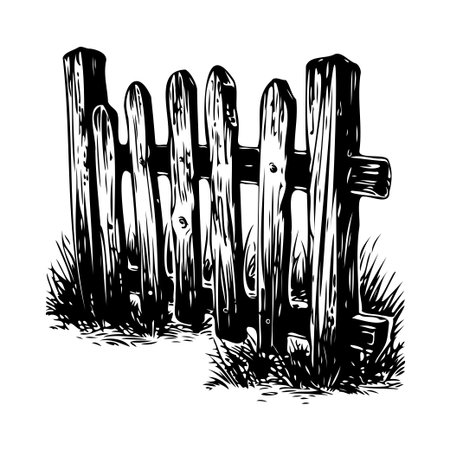 A detailed black and white illustration of a rustic wooden fence with surrounding grass, ideal for countryside and nature-themed projects.のイラスト素材