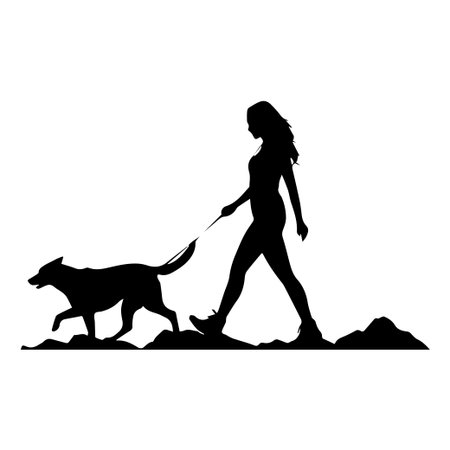 A beautiful silhouette of a woman walking her dog along a nature trail at sunset, capturing the essence of companionship and joy in outdoor settings.のイラスト素材