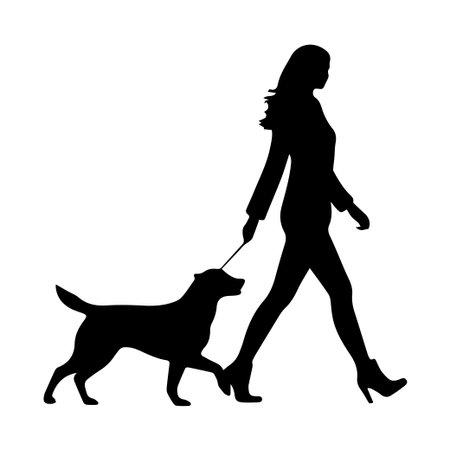 A striking silhouette of a woman walking her dog against a sunset background, capturing the essence of companionship, freedom, and healthy lifestyle.のイラスト素材