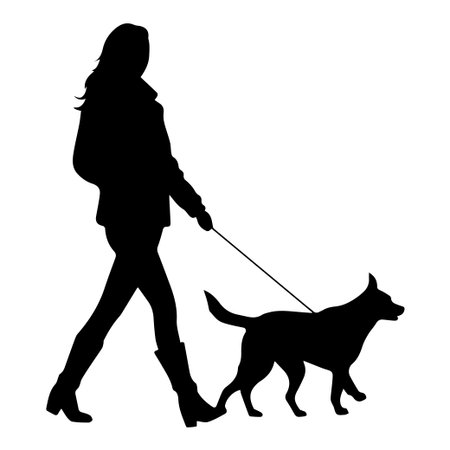 This artistic silhouette captures a woman walking her dog, depicting companionship and tranquility during sunrise or sunset moments.のイラスト素材