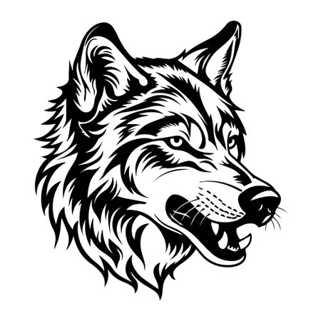 Stunning illustration of a fierce wolf head in black and white, perfect for nature themes, wildlife art projects, or animal symbol representation.のイラスト素材