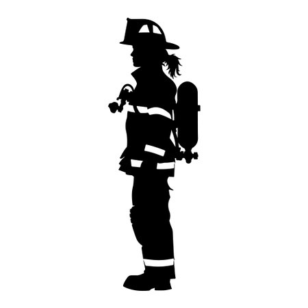 A bold silhouette of a female firefighter stands ready for action, showcasing strength and courage while equipped with essential firefighting tools.のイラスト素材