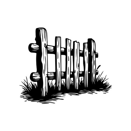 This black and white illustration depicts a rustic wooden fence surrounded by grass, perfect for nature-themed designs and decorations.のイラスト素材