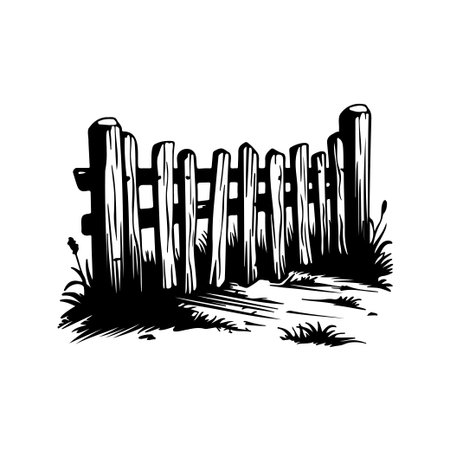 This detailed black and white illustration of a rustic wooden fence surrounded by tall grass captures the essence of rural tranquility and natural beauty.のイラスト素材