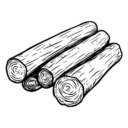 This hand-drawn illustration showcases a stack of natural logs in black and white, offering a rustic aesthetic perfect for various design needs.のイラスト素材