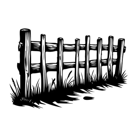 A hand-drawn illustration of a wooden fence surrounded by grass, perfect for rustic designs and countryside themes in various projects.のイラスト素材