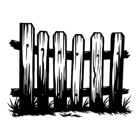 This vintage wooden fence silhouette features a rustic design with grass elements, perfect for nature and countryside-themed projects.のイラスト素材