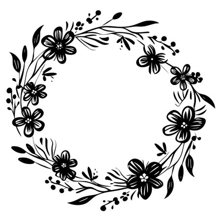 This elegant black floral wreath design features beautiful flowers and delicate leaves, perfect for invitations, art projects, or as a stylish background.のイラスト素材