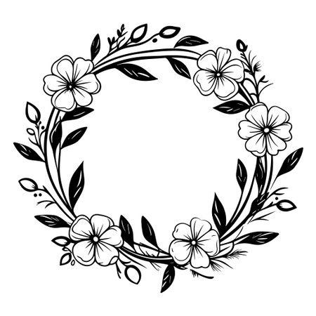 This elegant hand-drawn floral wreath design showcases delicate flowers and lush leaves, perfect for a variety of creative and artistic projects.のイラスト素材
