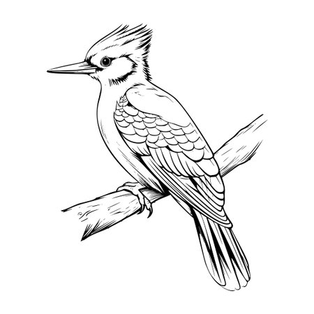 This black and white line art illustration showcases a detailed woodpecker perched on a branch, featuring expressive eyes and intricate feathers. Ideal for nature enthusiasts.のイラスト素材