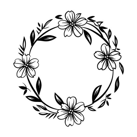 This elegant floral wreath design features delicate flowers and leaves, perfect for invitations, decoration, and creative projects. Ideal for various applications.のイラスト素材