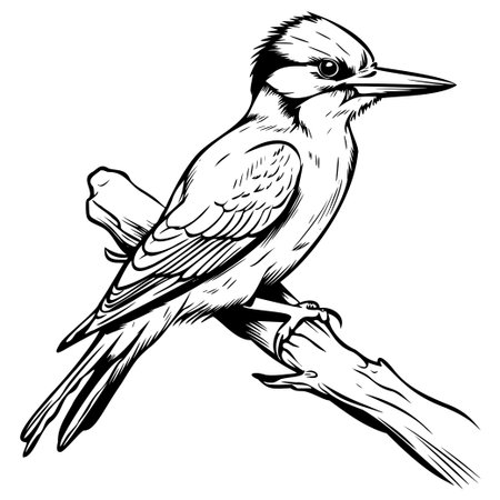 Captivating line art illustration of a woodpecker perched on a branch, showcasing intricate details and fine lines in black and white design.のイラスト素材